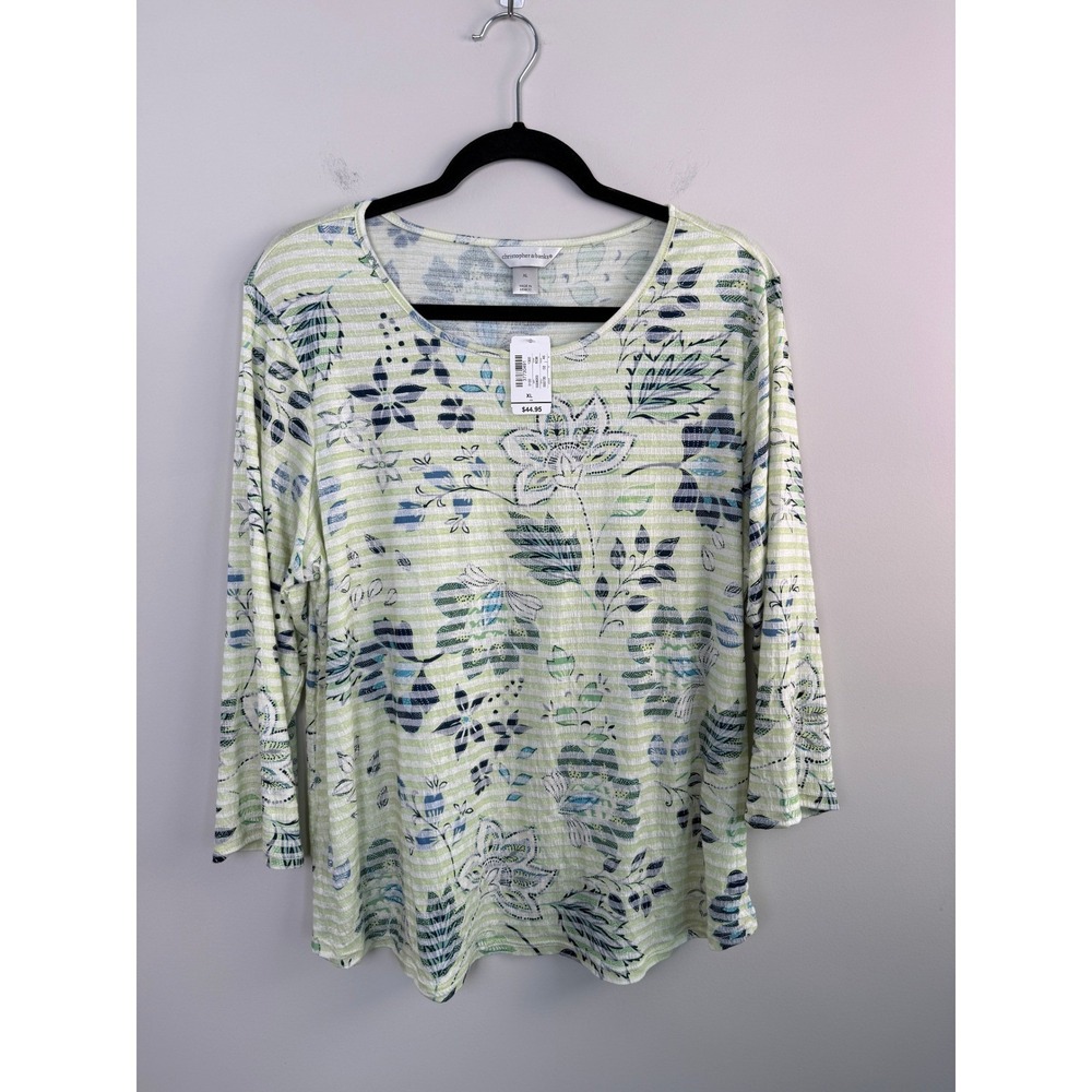 NEW Christopher & Banks Top Womens XL Green Floral Striped 3/4 Sleeve Scoop Neck